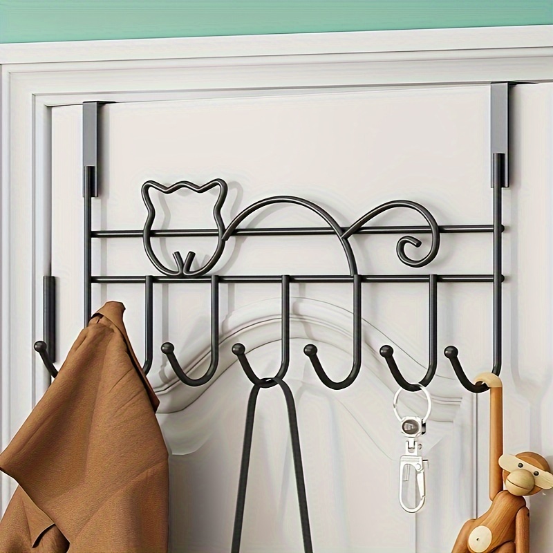 

Contemporary Style Over-the-door Cat Design Hook Rack, 1pc - Easy Install, No Drilling Required, Door Mounted, Painted Metal Material With Multiple Hooks For Hanging Clothes And Accessories