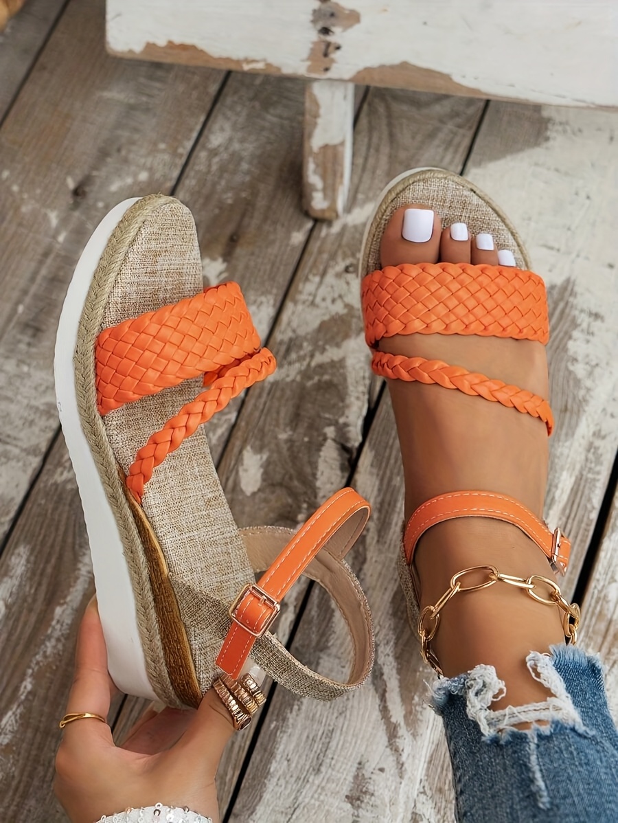 womens woven design sandals with adjustable ankle strap thick platform wedge heel breathable   cover open toe summer     for vacation   and warm weather durable rubber sole strappy sandals Product details 0
