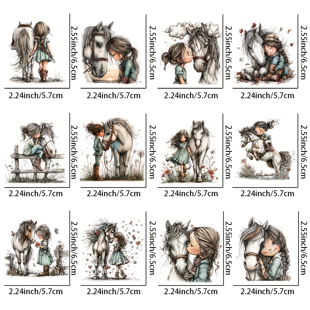 TEMU 12 feuilles/ensemble d'autocollants de transfert UV à motif sur le thème "Fille et Cheval" -- Convient pour l'artisanat, les mugs, les