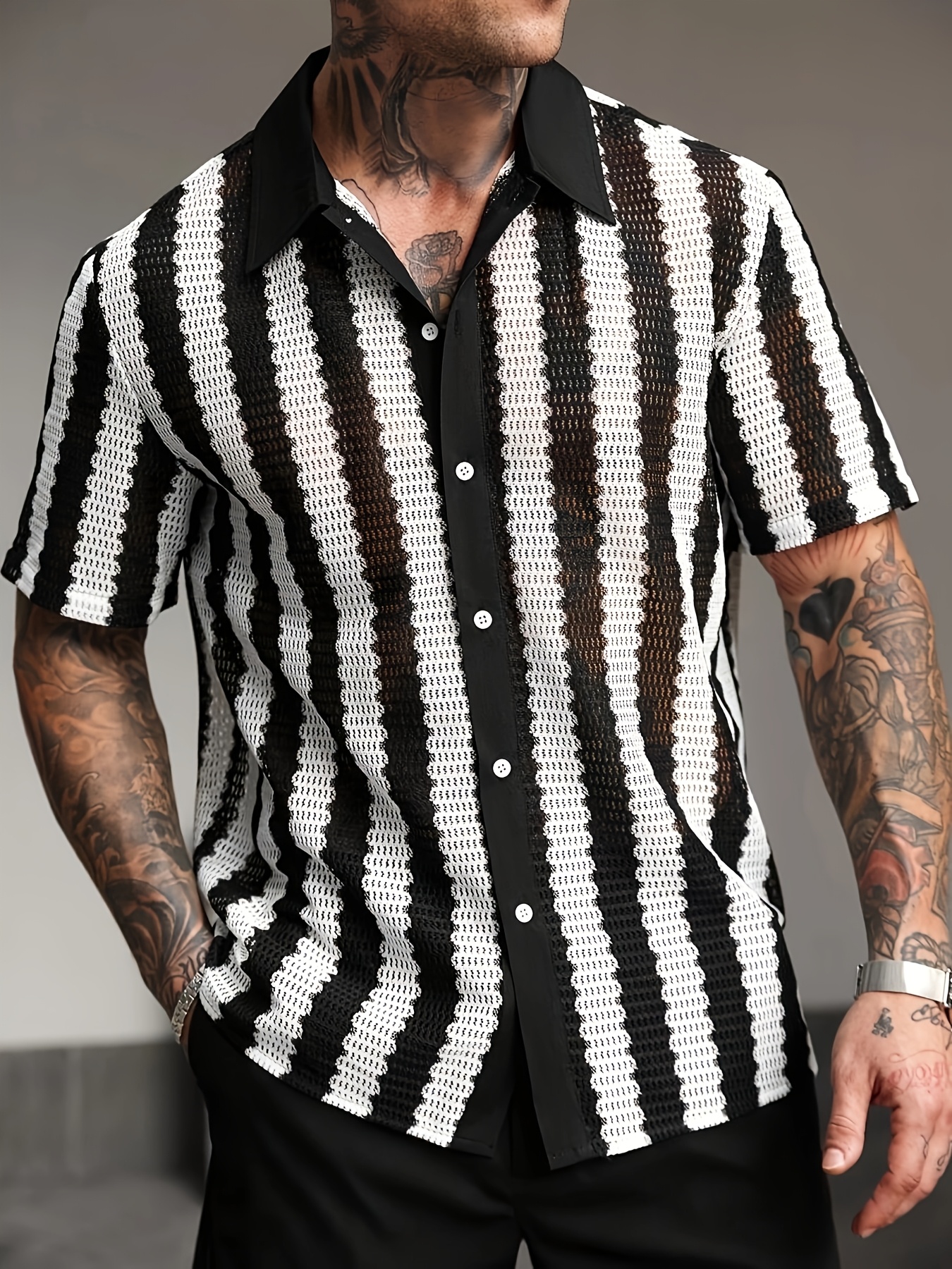 camisa a rayas negra y   para hombre - camiseta   y transpirable  , ideal para   o fiestas, estilo casual con botones, diseño   y  , manga corta, moda masculina  , material   de  ,   profesional 1