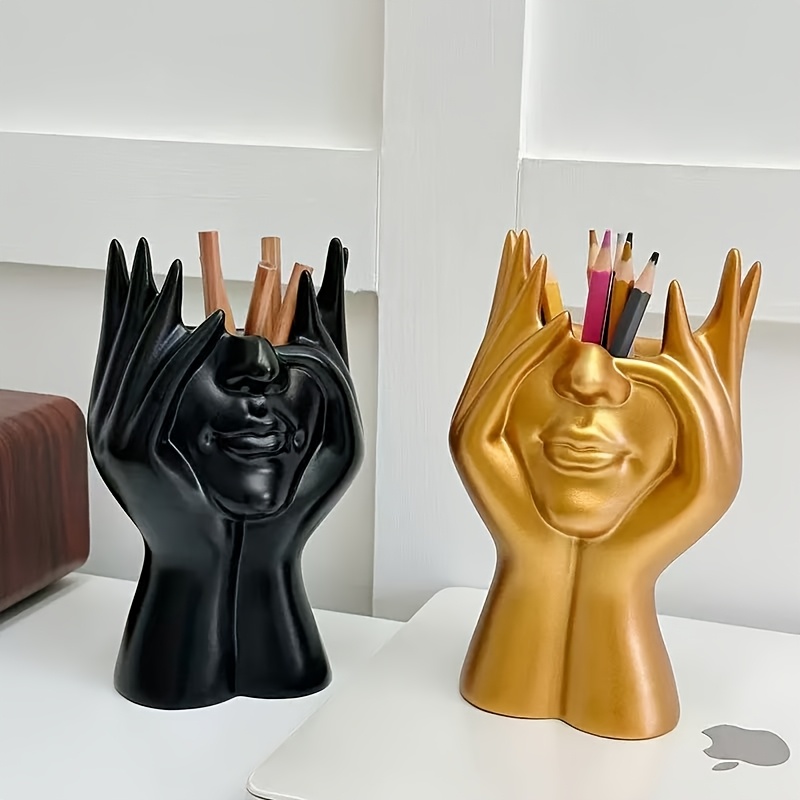 1pc   makeup brush pen holder black golden sculpture design wall mounted vanity organizer with multiple compartments for cosmetics makeup brushes stationery storage durable painted   makeup vanity desk elegant design sleek construction Product details 1