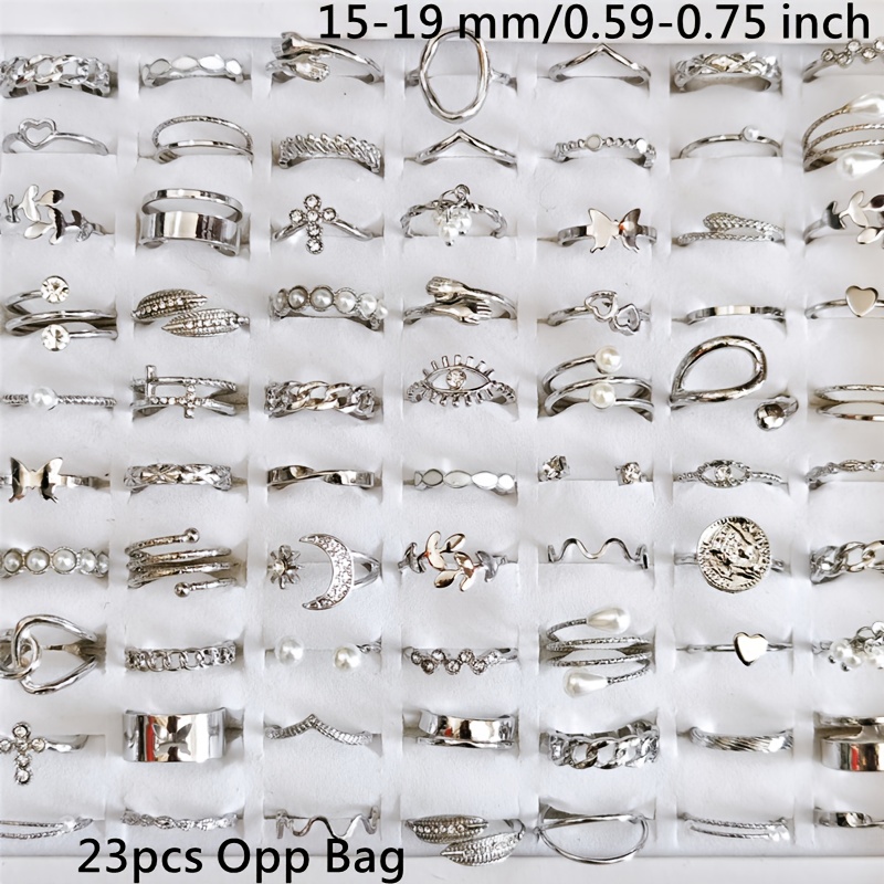 TEMU Wholesale 23pcs/pack Women's Fashion Stacked Ring Vintage Bohemian Silvery Color Alloy Men's And Women's Ring Sizes 15mm -19mm Mixed Leaf Eye