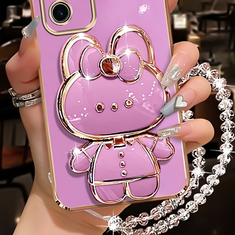TEMU Cute Rabbit With Makeup Mirror Adhesive Phone Stand Suitable For Mobile Phones Rabbit Phone Case Desktop Stand Hollow Lazy Stand