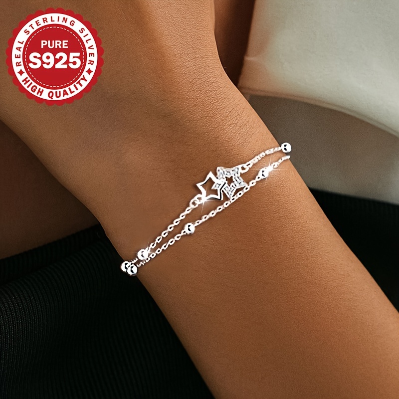 

Bracelet élégant à breloques ciel étoilé - Argent sterling 925 double couche avec étoiles en zircone cubique, hypoallergénique, parfait pour les tenues décontractées et les cadeaux