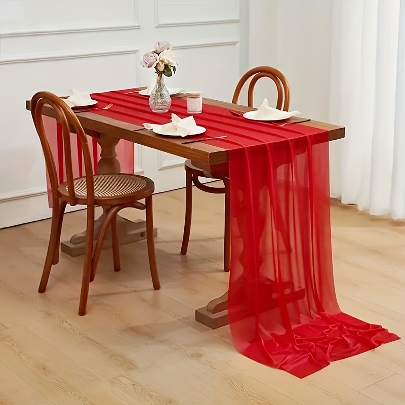 E-shop Großer roter Schönheits-Gaze-Tischläufer, 11.8*118.1In Halbtransparente Tischdecke im Bohemian-Stil, Helle Chiffon-Rechteckige Lange Leichte