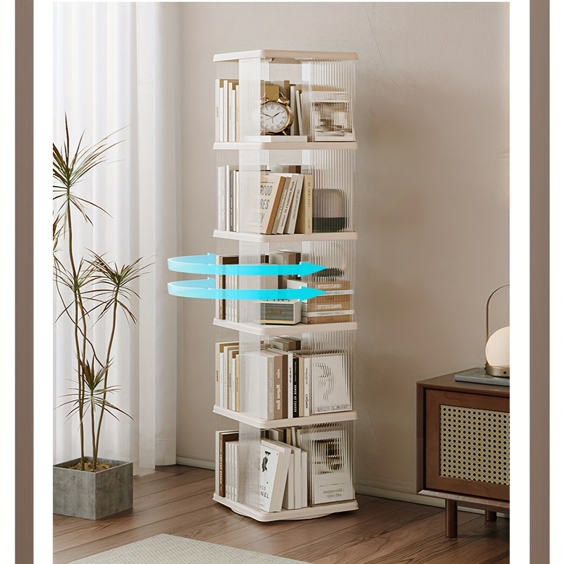 3 tier rotating bookshelf transparent white plastic storage rack for home office freestanding multi shelf organizer with wheels books decor and supplies decorative display versatile shelving book shelves details 2