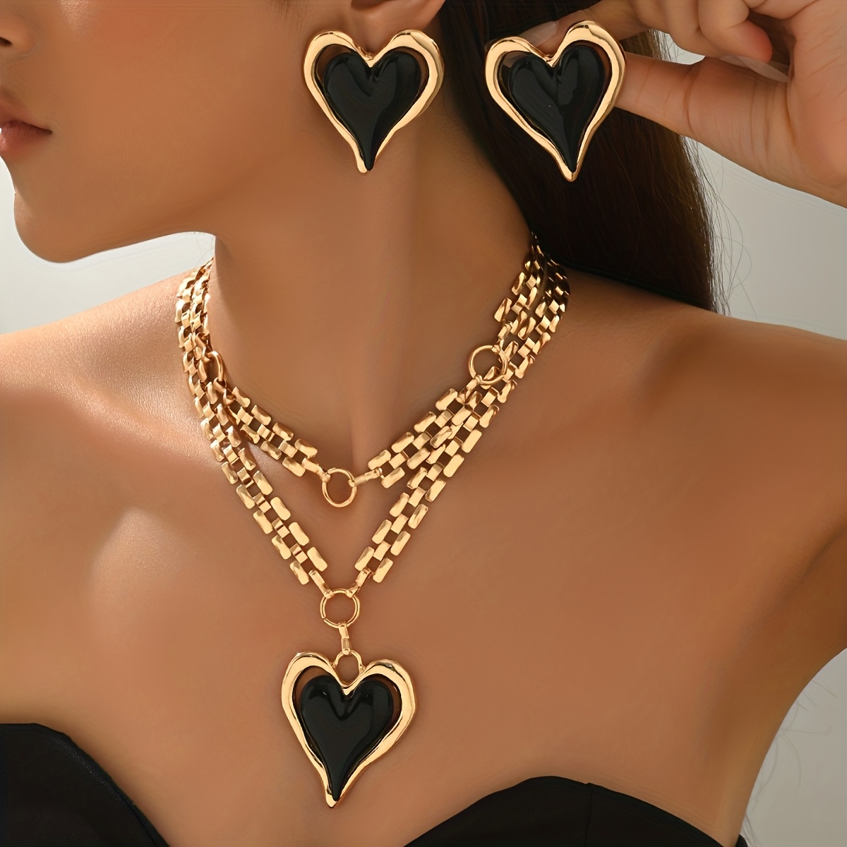 TEMU 2pcs Set Autumn And Casual Trendy New Suit, Love Necklace Stacked Spliced Black Golden Earrings Necklace Pendant Set, Valentine's Day, Mother's