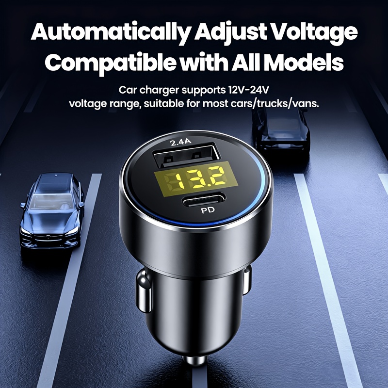 TEMU 1pc Dual Port Usb Fast Car Charger, Pd18w+usb Dual Port Charging , Black Metal Feel, With Voltage Display, Universal For All Models!!