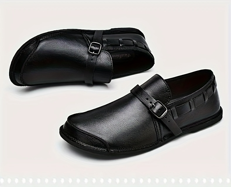 Men'S Retro-Style Slip-On Loafers, Featuring a Solid Color Ultra-Fine Microfiber Upper, Rubber Sole, Round-Toe Casual Business Shoes, Suitable for All Seasons with Decorative Buckle Design for a Classic Vintage Look, Comfortable PU Insole