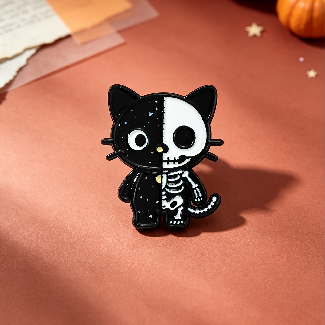 TEMU 1pc Solevdo Gothic Half-skeleton Black Cat Brooch Pin - Split Body Kitten Lapel Badge Suitable For Jackets, Backpacks, Gothic Outfits, Halloween
