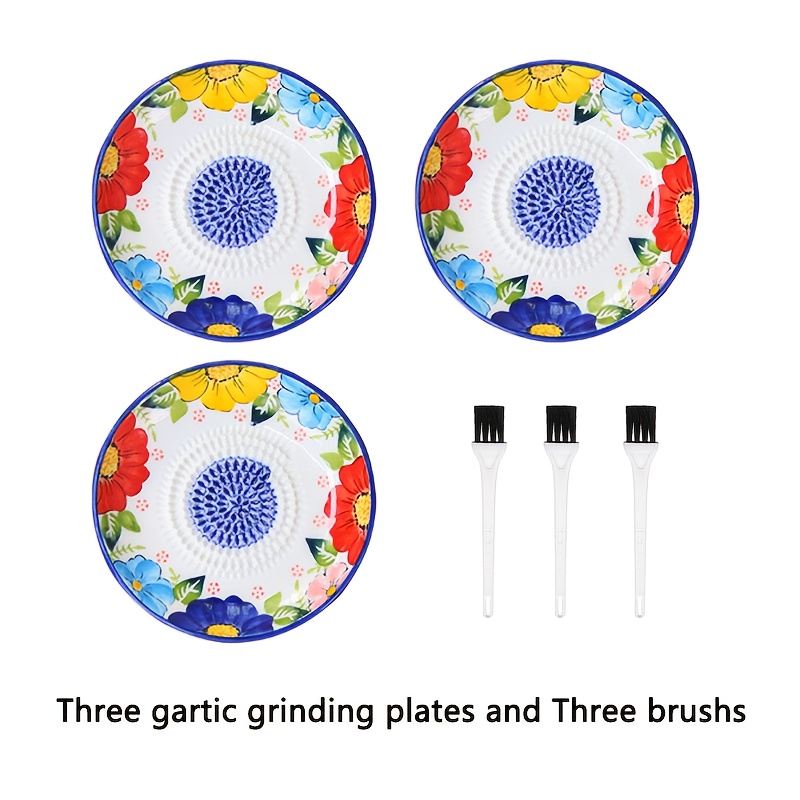 3 Sets, 3 Ceramic Manual Grinding Garlic Plates And 3 Brushes, Household Garlic Pressing Plates, Fruit And Vegetable Ginger Manual Grinder