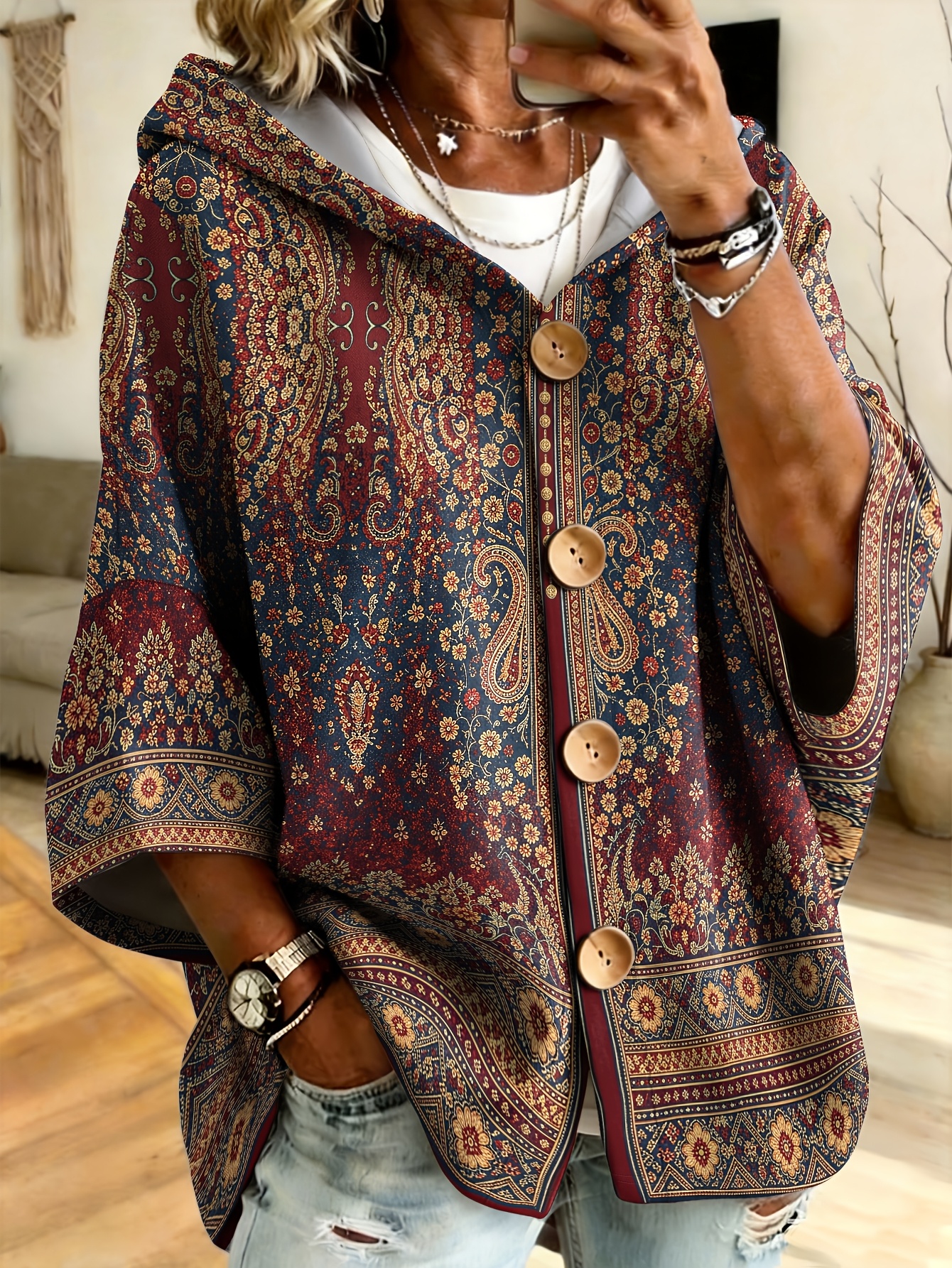 plus size european and     size hooded sweatshirt with paisley print and wooden button cardigan design loose batwing sleeves conceal and   the figure ethnic style couples outerwear showcasing bohemian fashion charm