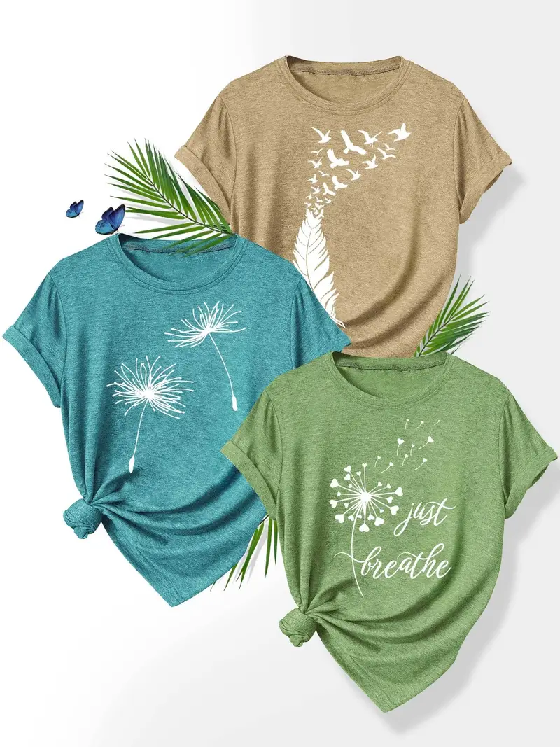 3pcs set floral print t shirts for women dandelion rose and casual summer short sleeve crew neck tees soft polyester blend sizes s xxl casual attire casual summer wear floral print stretchy fabric Product details 6
