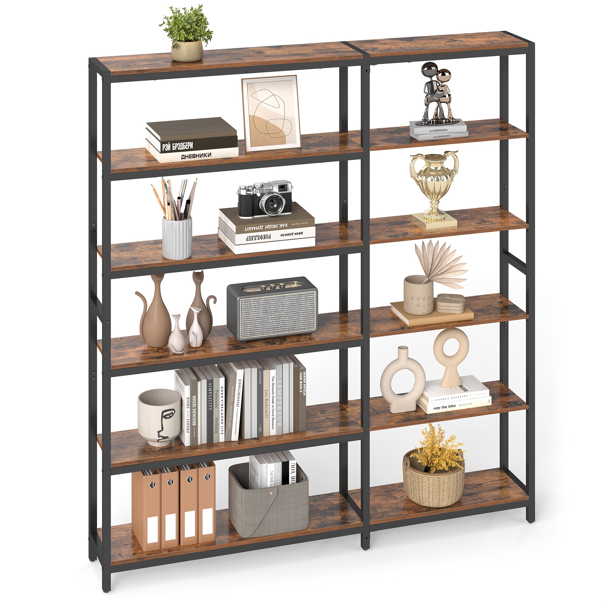 TEMU Étagère à 6 niveaux avec cadre métallique, étagère d'angle industrielle convertible, 9,4 x 52,8 pouces, pour salon, chambre, bureau à domicile,