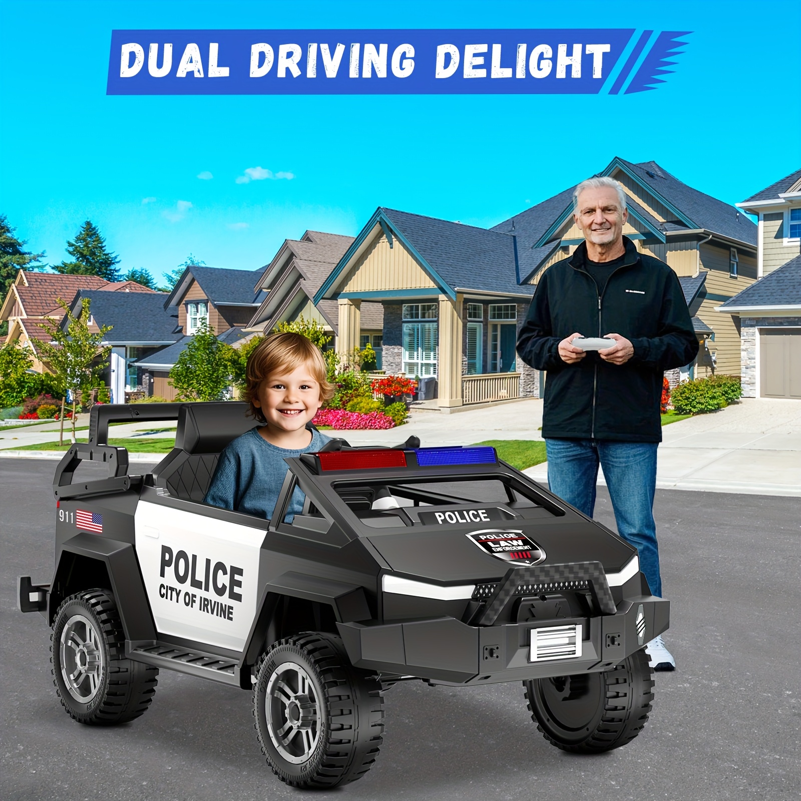 24V Youngsters' Remote-Controlled Police Car with Remote Control, Alarm, Flashing, Music, Spring Suspension, Suitable for 3-8-year-old Girls and Boys' Birthdays or Various Holiday Gifts