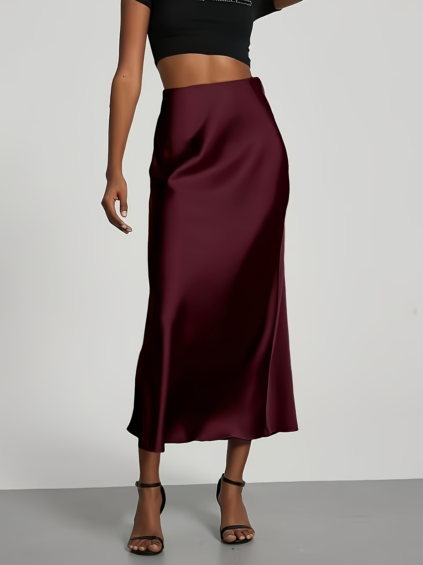 damen satin midi rock, high-waist, eleganter, gerader rock mit drapierung, vielseitiger und leichter,   stil für pendeln,   für urlaub, geburtstag, party, festival,   [ ]