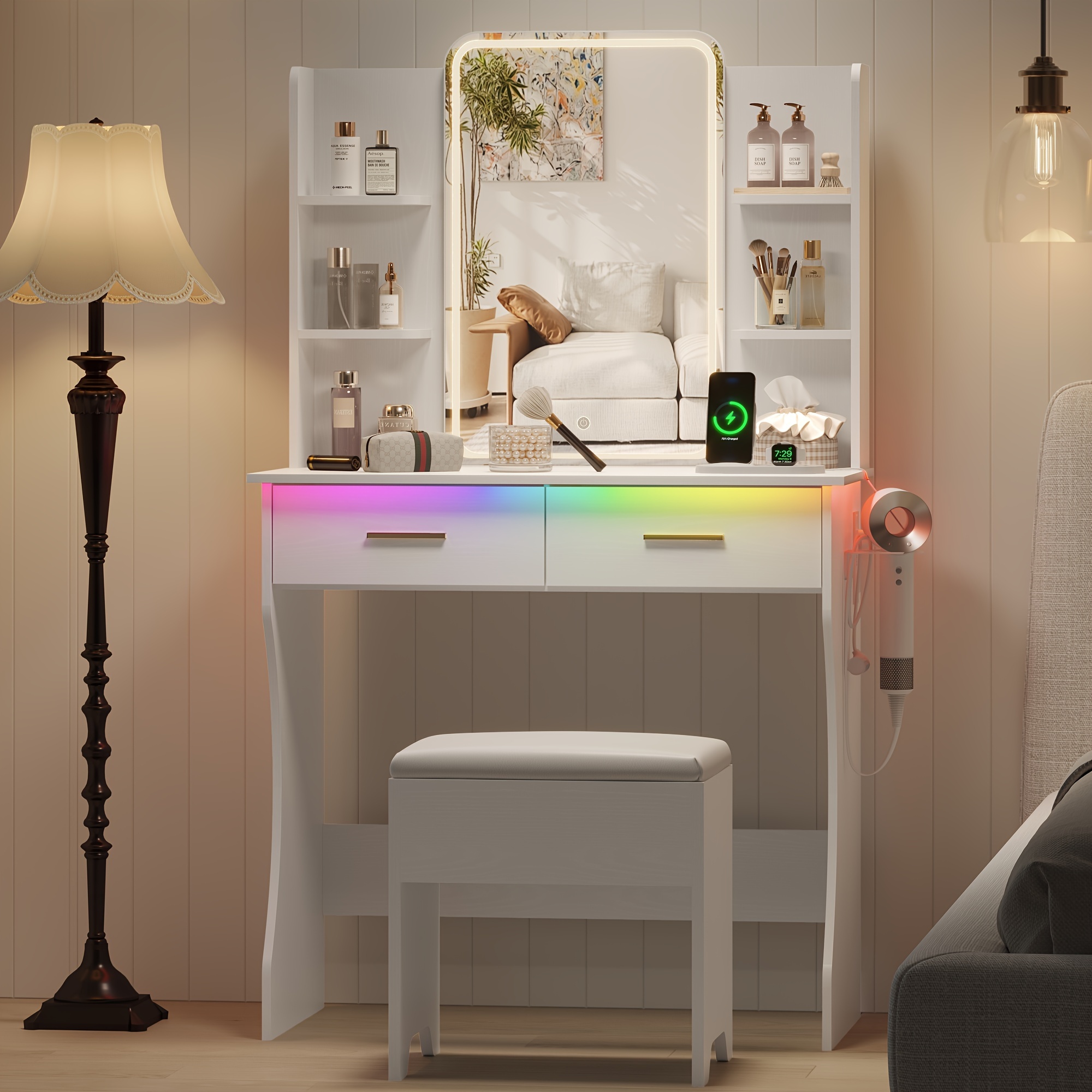 Makeup Vanity Desk With LED Lights & Mirror – 10 Drawers, 4 Shelves, RGB Lighting, Charging Station, White