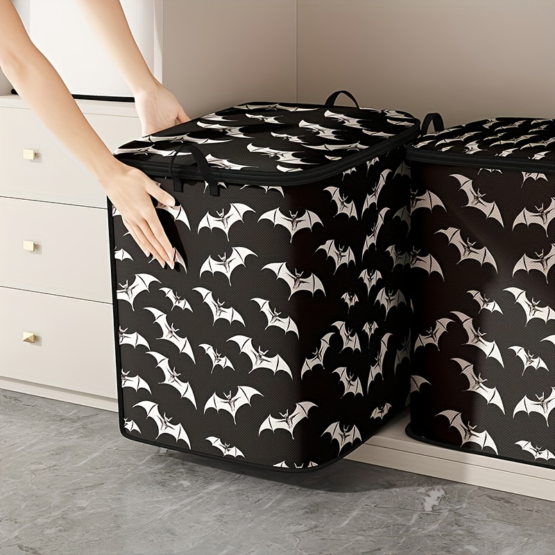 Image of 1pc Clothing Lid Storage Box, Small Bat Print Storage Bag, Large Capacity Folding Storage Bag, Suitable For Blankets, Quilts And Clothes - Durable Non-woven Material, Strong Zipper, The Home Gift