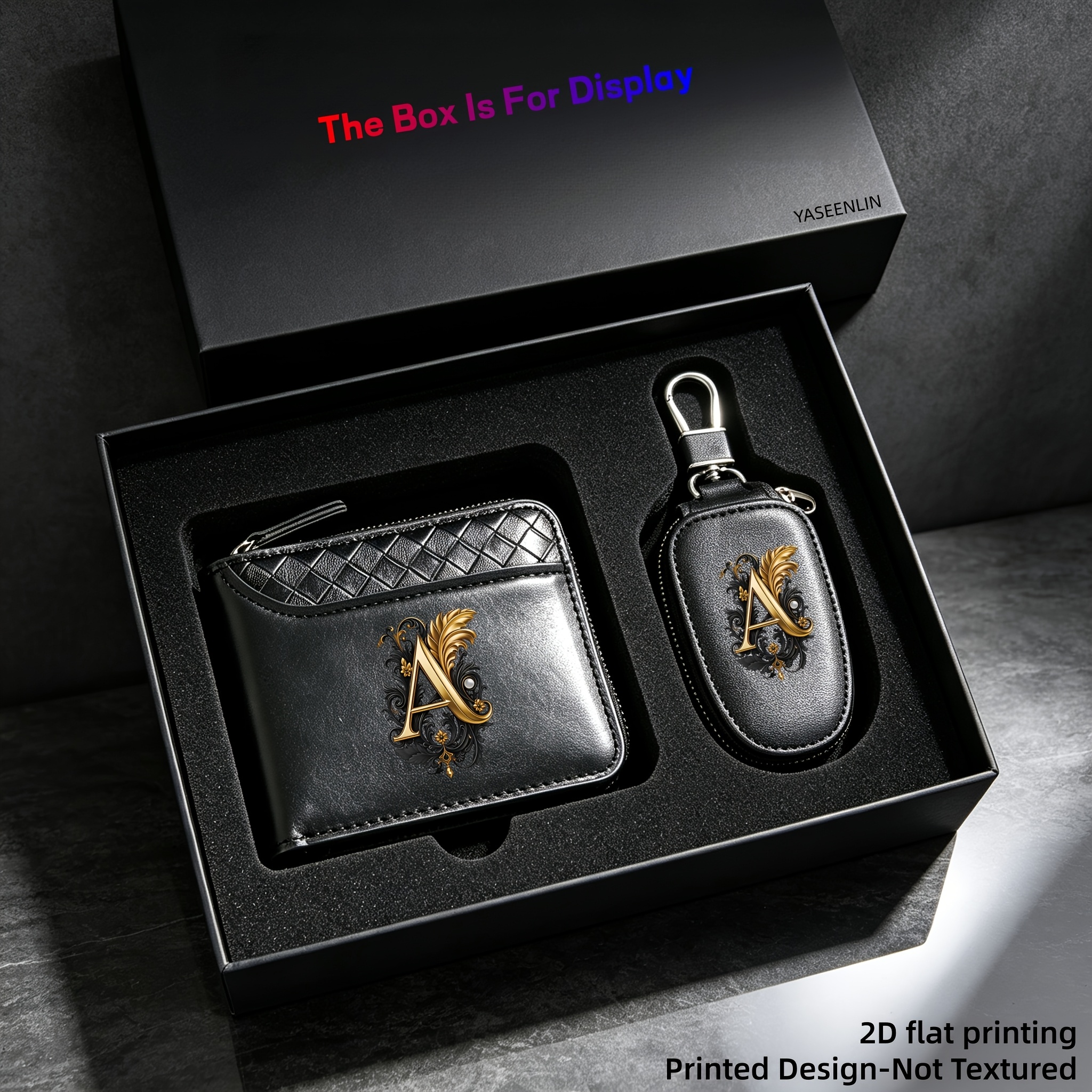 TEMU Yaseenlin 2026 New 2pcs High-end Men' Wallet With 26 A-z Initials-with A Car Key Pouch- Black Crocodile Textured Synthetic, Multiple Card Slots,
