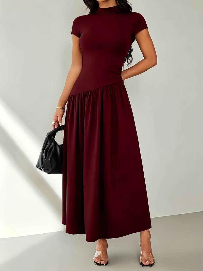Women's Solid Color Stand Collar Puff Sleeve Pleated Long Casual Dress, Summer Dress