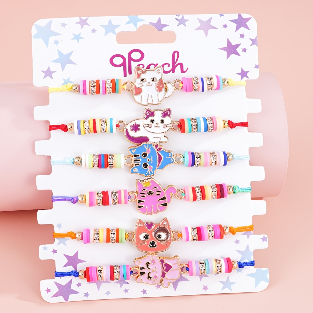 TEMU 6pcs Qpeach Girls' Cat Bracelets - Adjustable Kitten-themed Friendship Bracelet Set With Multicolor Suitable For Birthdays, Parties, Music