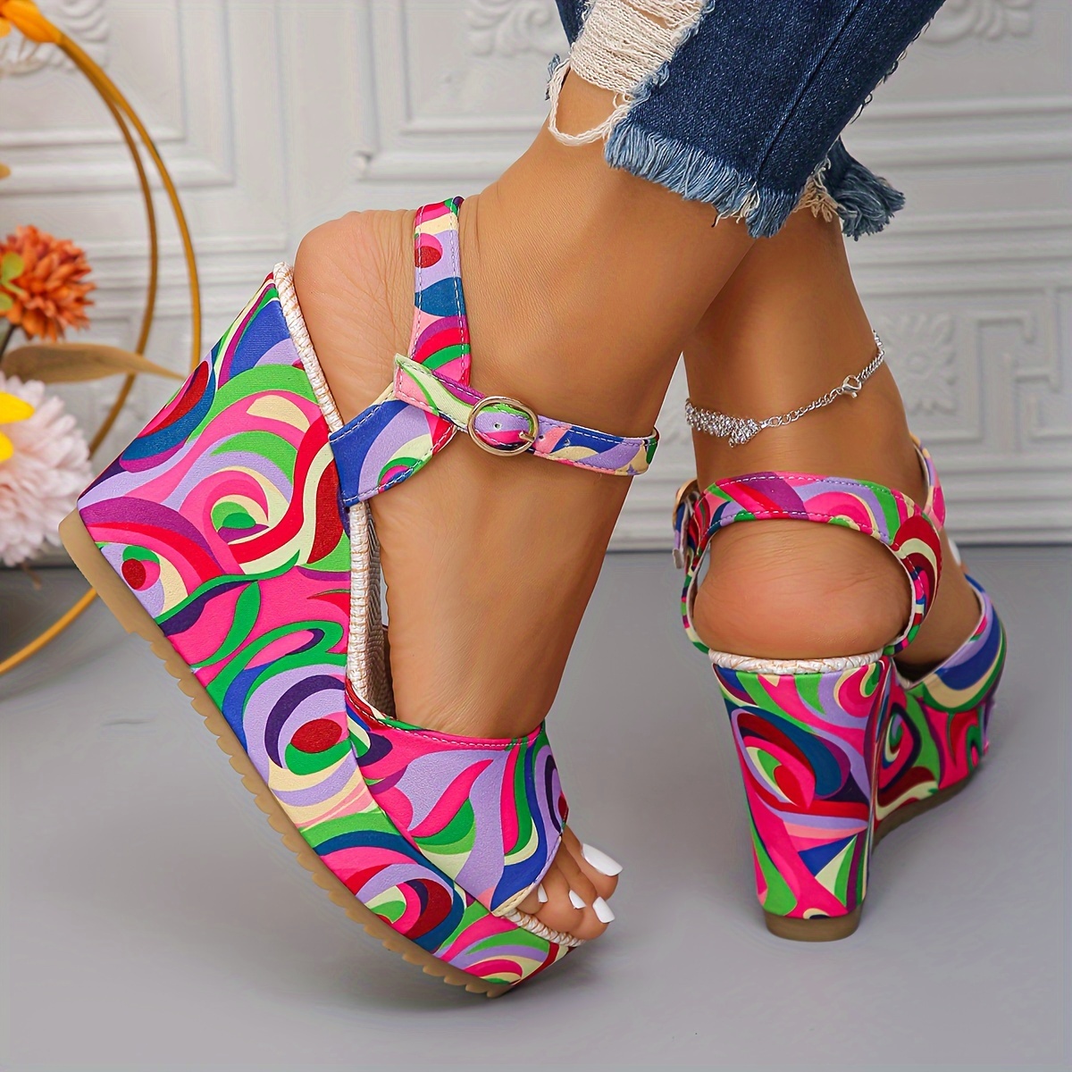 womens colorful wedge sandals fashionable toe ankle Temu