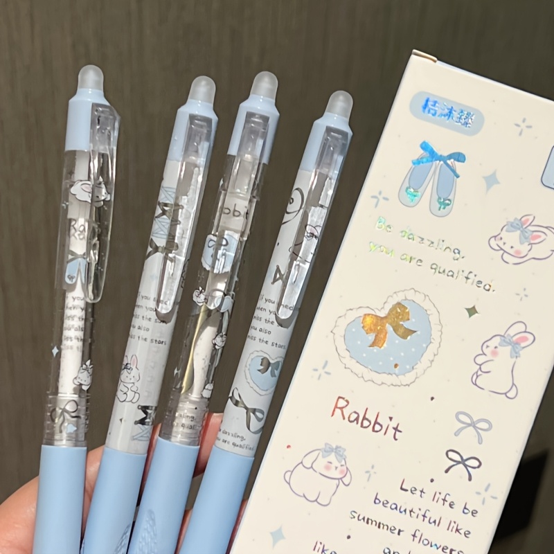 TEMU 4pcs Stylo Gel Effaçable 0.5Mm Bleu Lapin Ballet Bleu Rechargeable Kawaii Stylo Effaçable à Pression Séchage Rapide Lisse Effaçable Cours