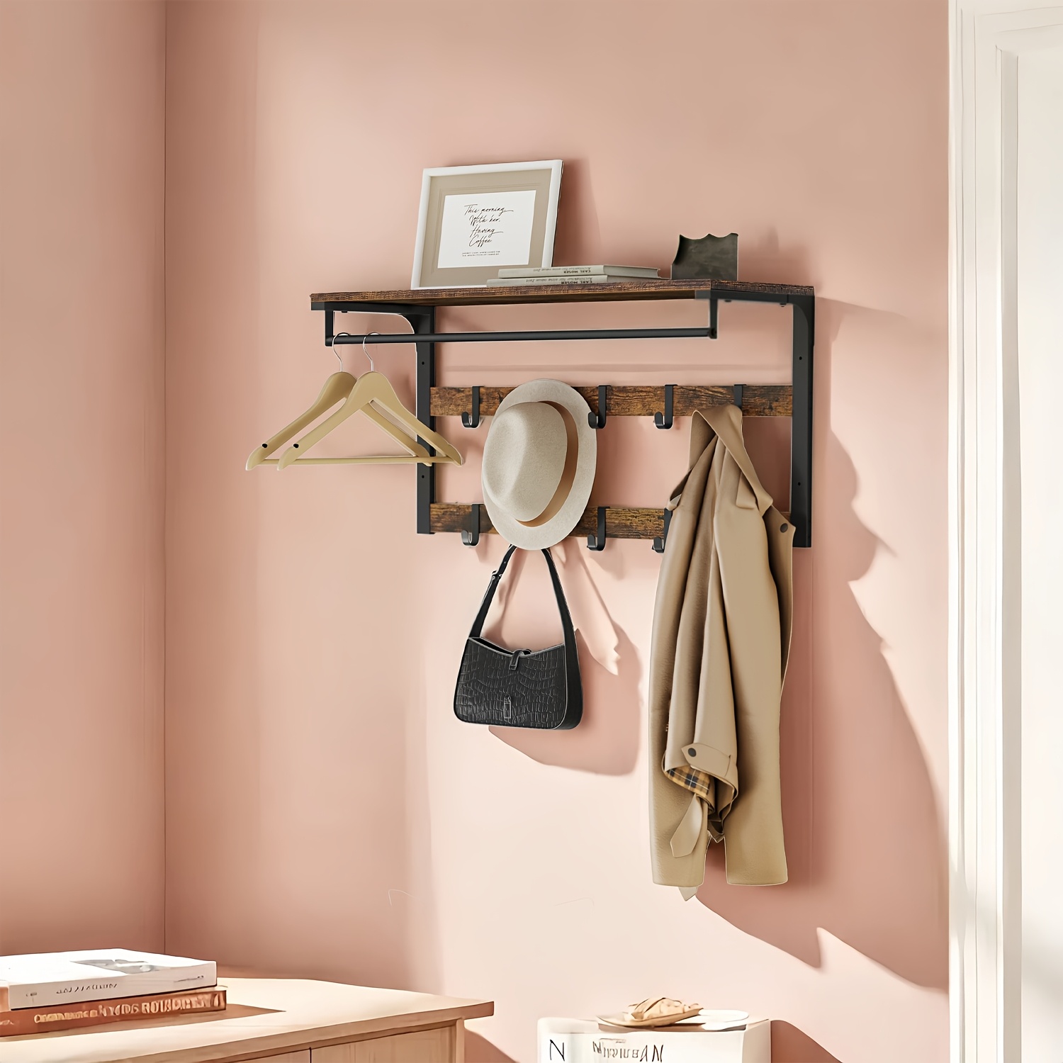 E-shop Wandgarderobe mit Ablage, Wandregal mit 10 abnehmbaren Haken, Hängeregal, Wandmontage, 2 Garderobenschienen, Vintage -Schwarz