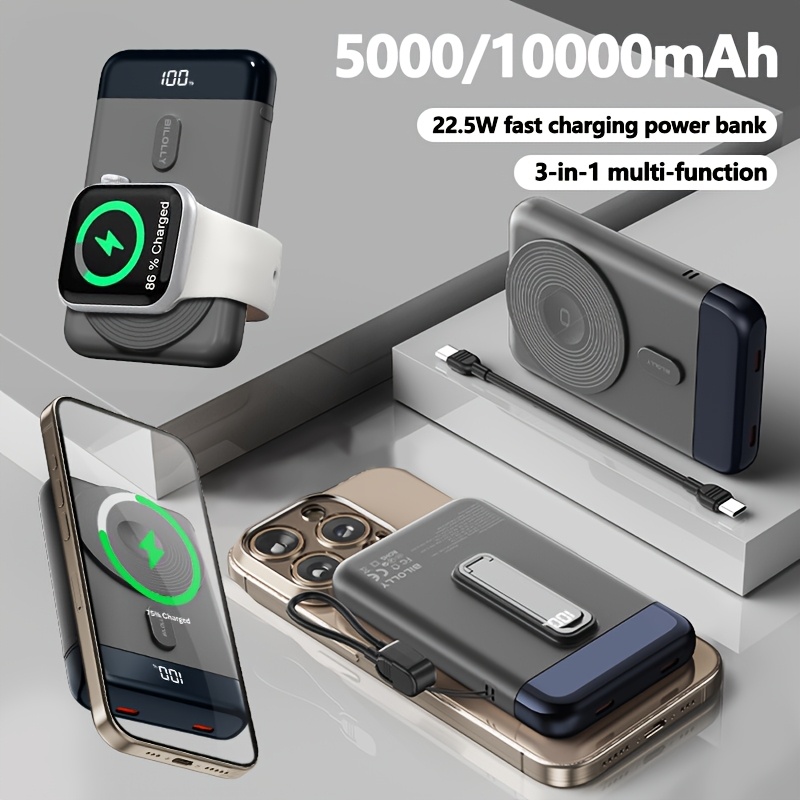 TEMU 2025 Newest Magnetic Wireless Portable Charger Power Bank - 10000mah Mag-safe 22.5w Pd Charging, Comes With Pd Cable, Built-in Stand Function,