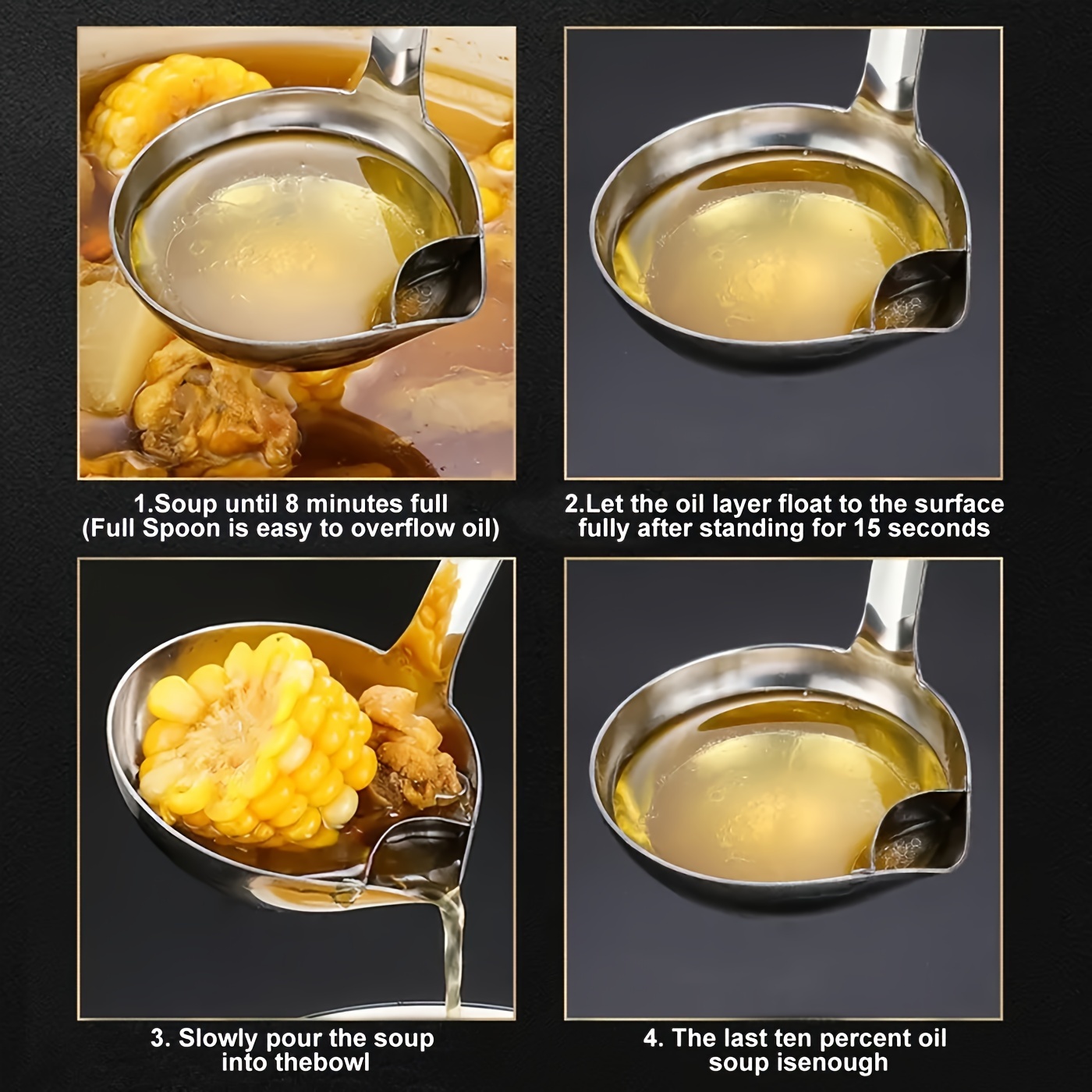 1pc stainless steel oil separating spoon household kitchen drain oil filter to oil soup spoon hot pot filter oil spoon soup separation spoon for restaurants details 5