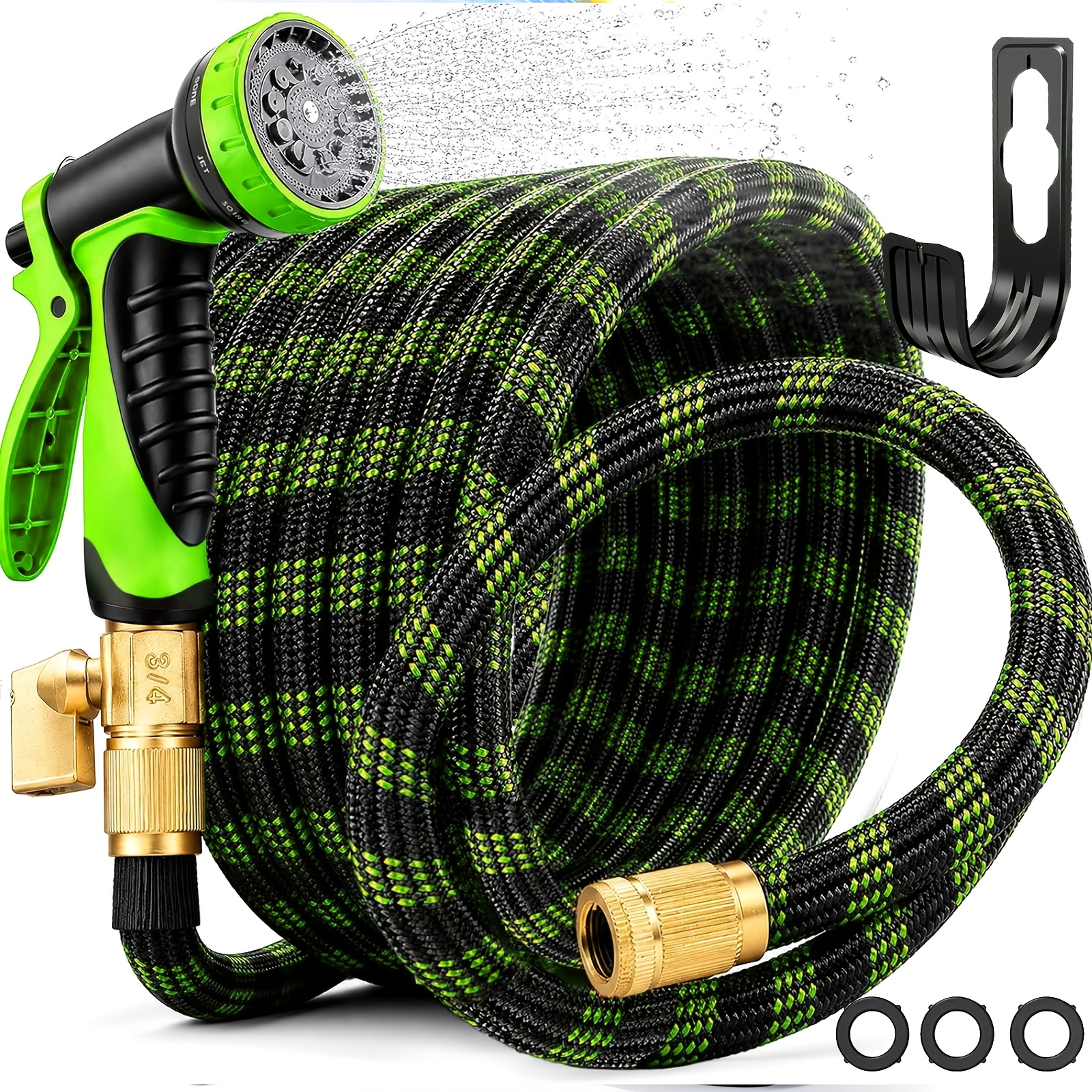 TEMU Garden Hose 100ft, Ultra Lightweight & Flexible Water Hose With 10-pattern Spray Nozzle, Kink-resistant, , High-density Fabric & Shut-off Valve,