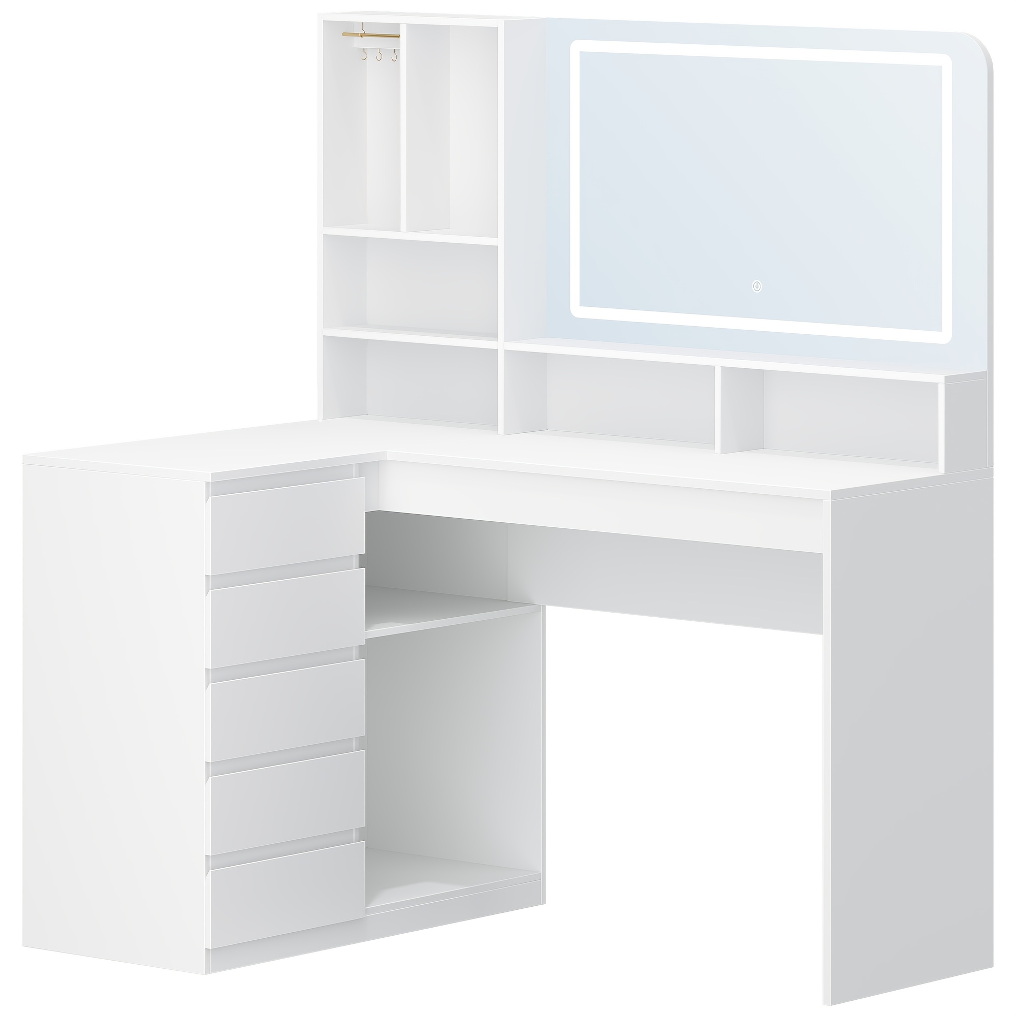 Dressing Table With Large Mirror, Dressing Table With Led Lighting, L-shaped Corner Dressing Table, With 5 Drawers And 7 Open Compartments, Necklace Hook, Bedroom, White