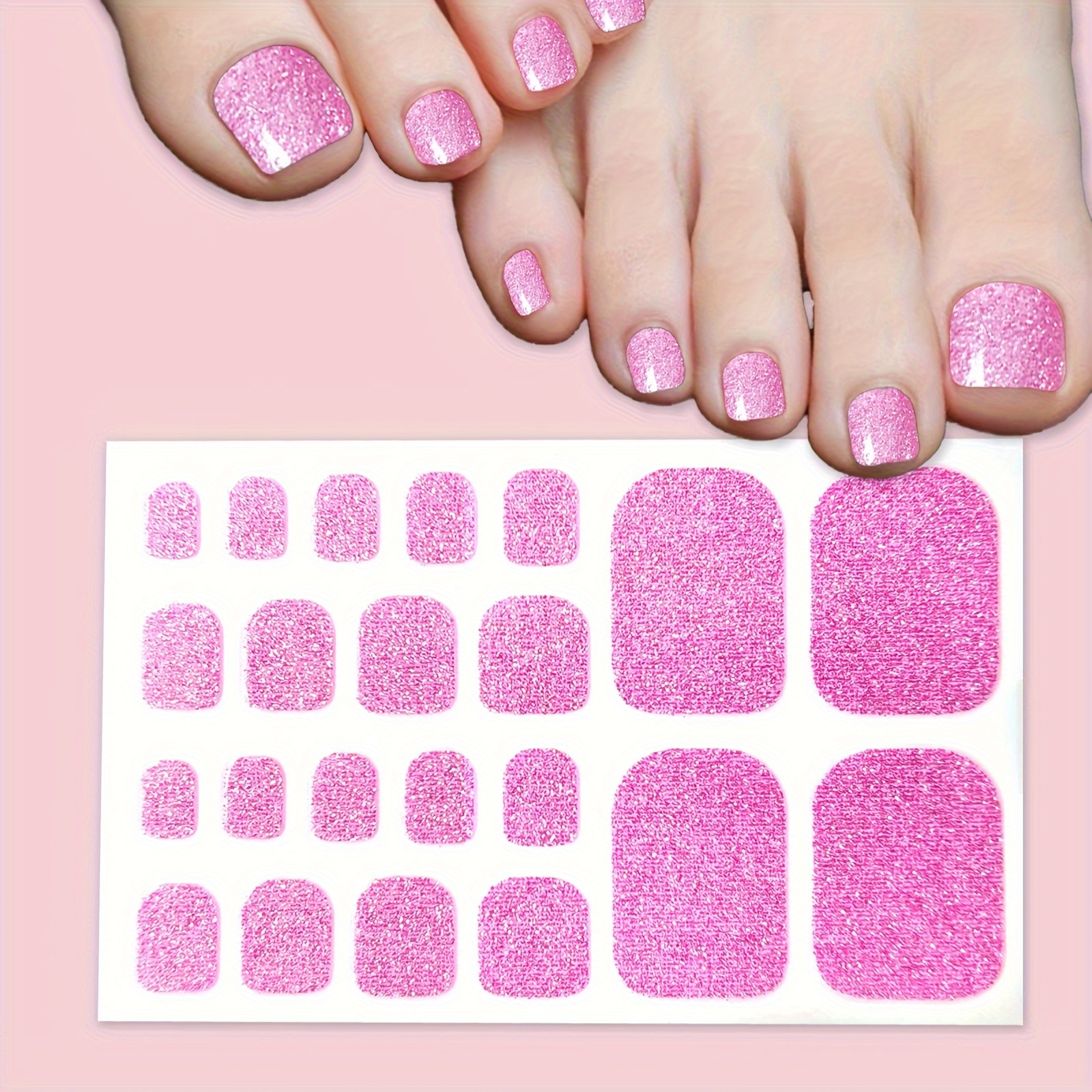 

1 Sheet Solid Pink Glitter Toenail Polish Strips, Full Wrap Self-adhesive Nail Art Stickers For Women & Girls, Diy Manicure Decals With Random Color Nail File Accessory