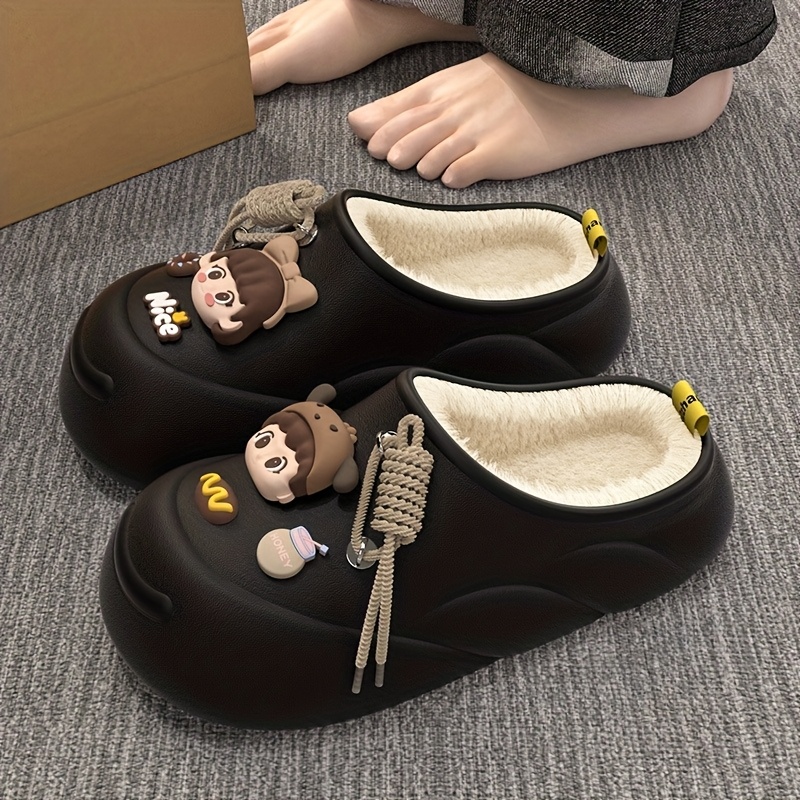 

Cozy Plus-size Men's Slippers With Cute Cartoon Charms - Plush Lined, Non-slip Eva Sole For Indoor/outdoor Wear, Fall & Winter