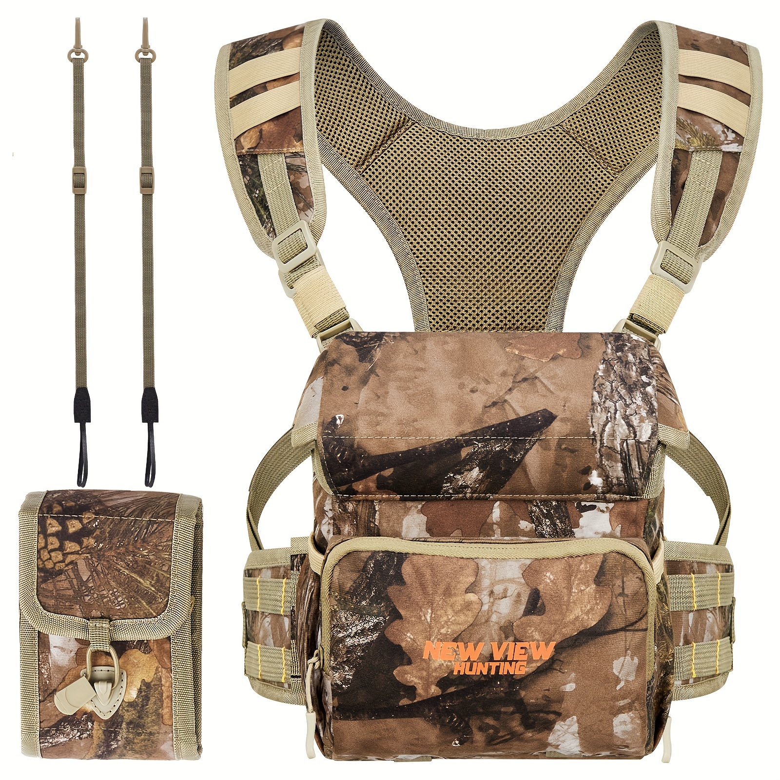 

New View Binocular Harness Chest Pack With Detachable Rangefinder Pouch, Adjustable & Rain Cover, Ideal For Bird Watching, Hunting, Hiking - Camo & Quiet L