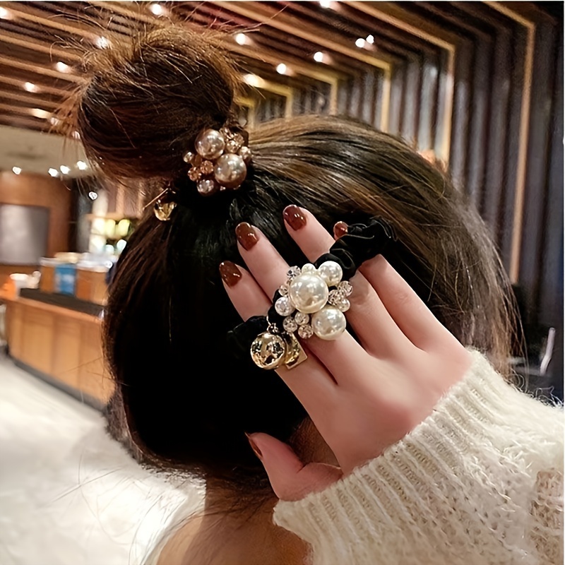 

2pcs Elegant Black Pearl Hair Ties - High , Chic Ponytail Holders With Floral & Crystal Accents For Women, Hairstyles, Cute Hair Accessories