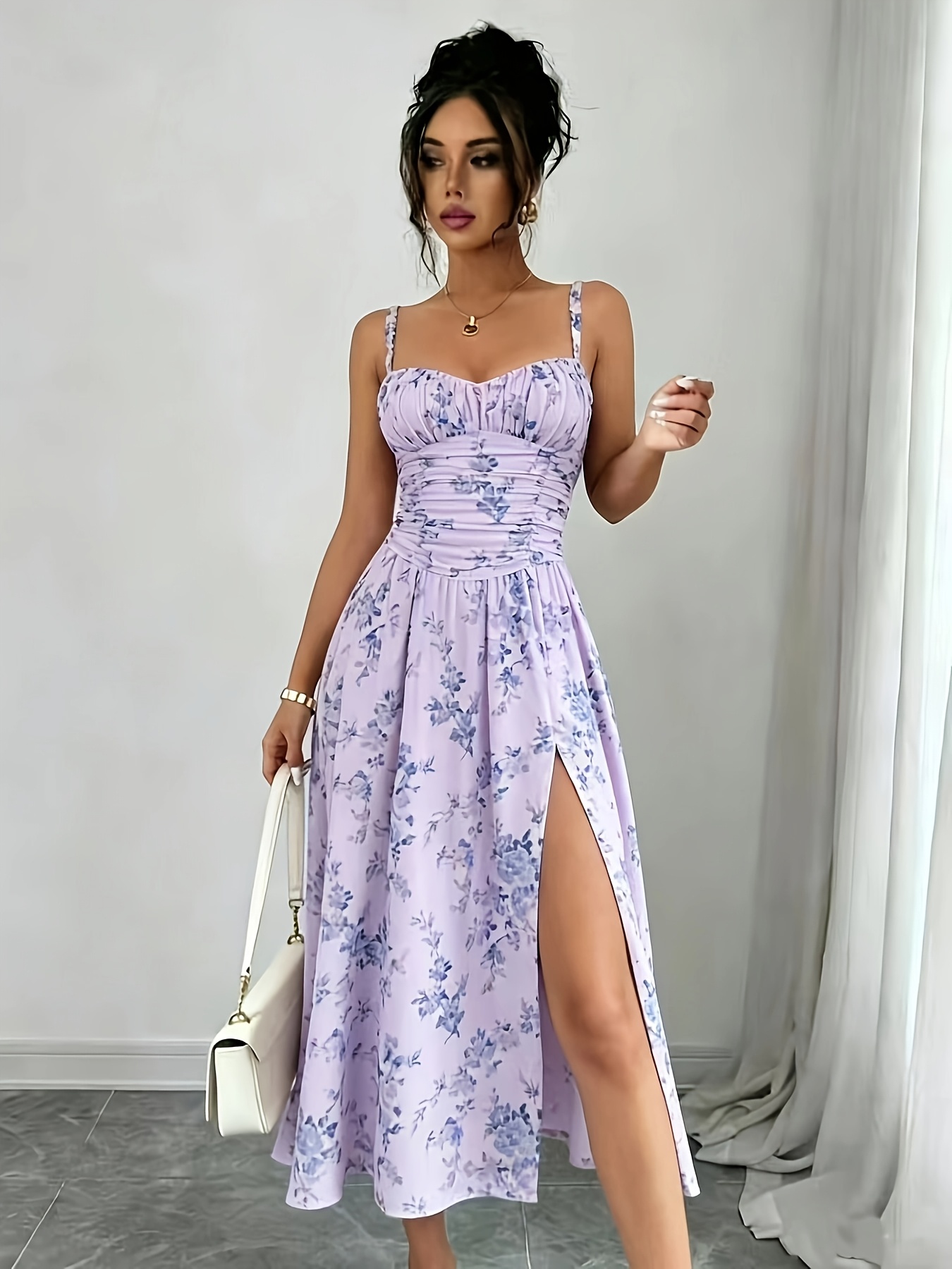 purple zipper dress elegant printed bohemian style high slit zipper dress women