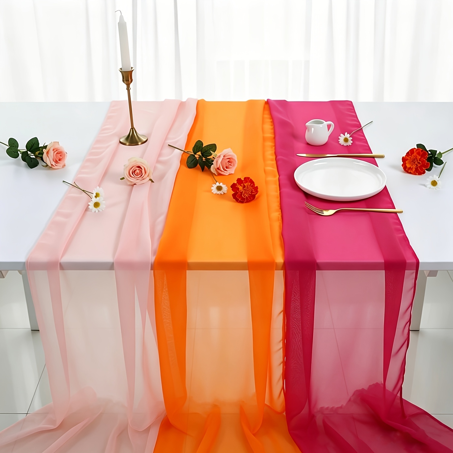 Image of Bohemian Style Tulle Table Runner Set, 3.05 Meters, Rustic Fabric, Suitable For Weddings, Birthday Parties, Christmas, Halloween, Graduations, Sunrise And Sunset Decor (3pcs Set, Red, Pink, Orange)
