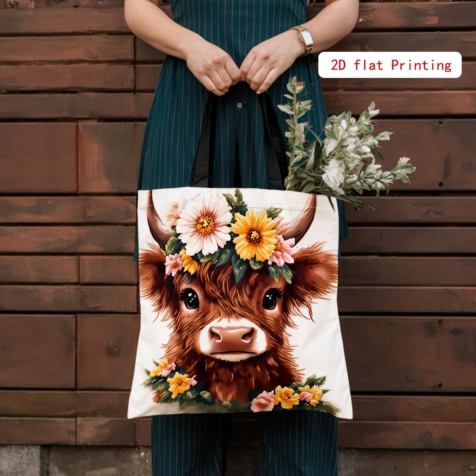TEMU Sac à bandoulière imprimé 2D avec couronne florale et motif de vache des , sac de shopping minimaliste et tendance, sac décontracté pour femmes,