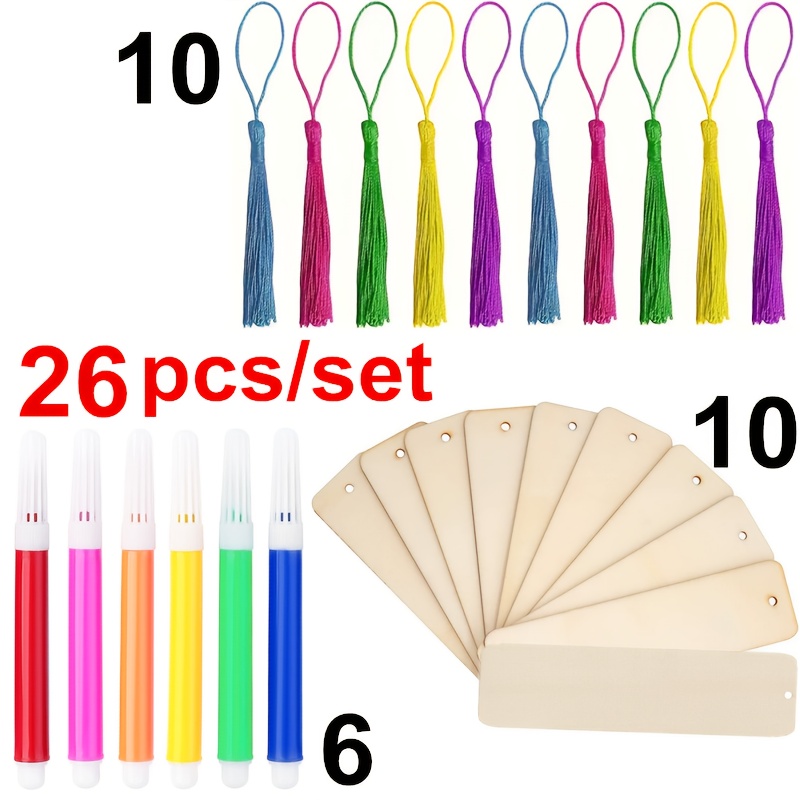 14/26/38/52pcs Wooden Blank Fringed Bookmark, Unfinished Painting Rectangular Tag Bookplate Pendant