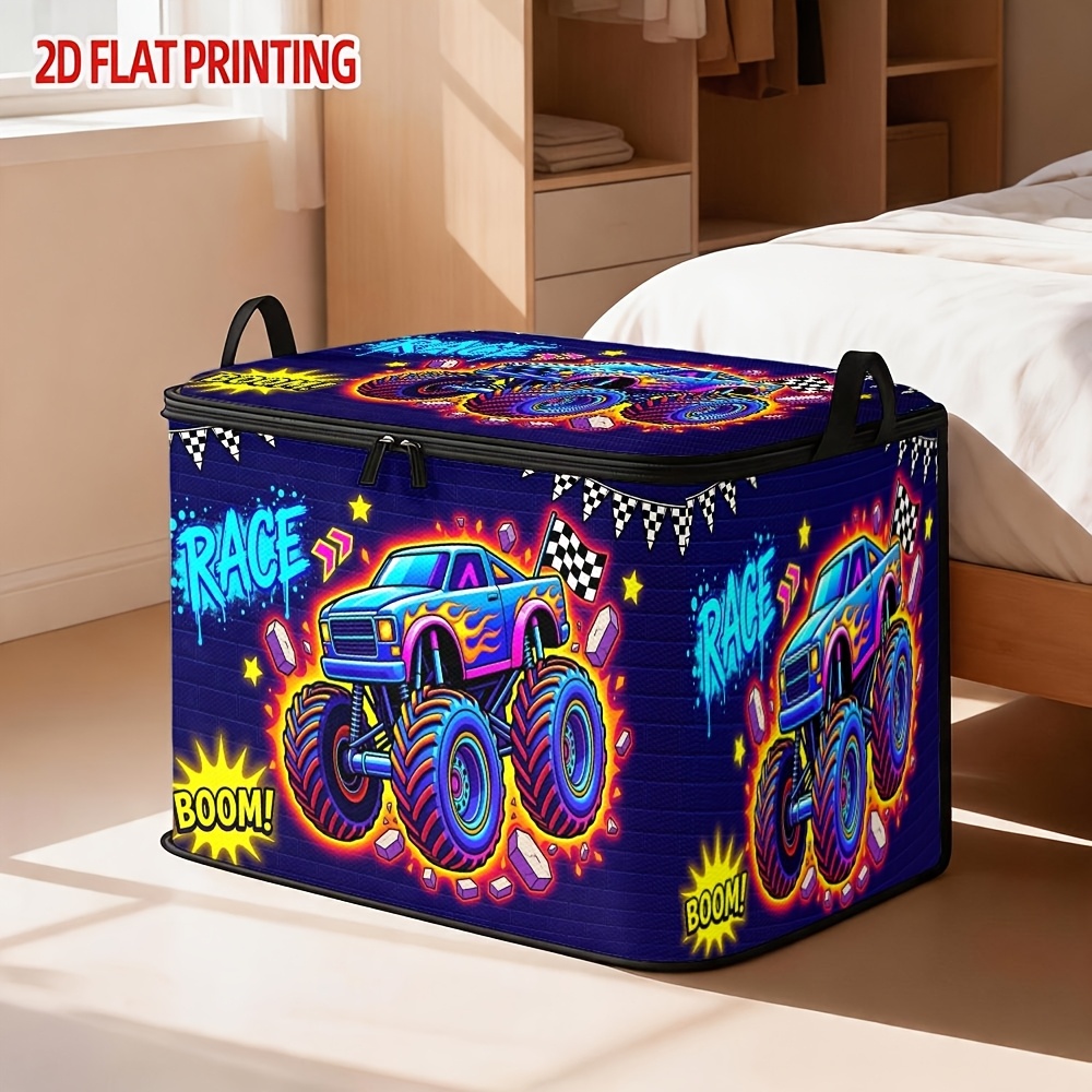 TEMU 1pc Vintage Neon Monster Truck Print Storage Box With Lid, Racing Pattern Storage Box For Seasonal Clothing And Small Items, Suitable For