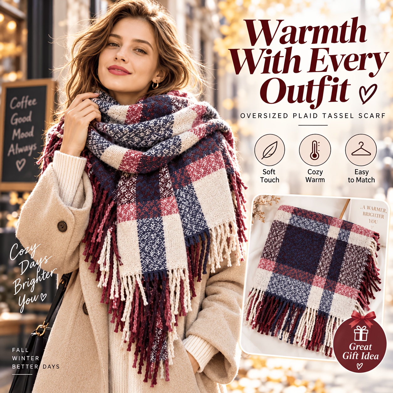 TEMU Women's Scarf, Soft Winter Shawl Wrap With Long Tassel Fringe, Korean Style Warm Neck Warmer, Versatile Fall Accessory, Travel Gift For Women