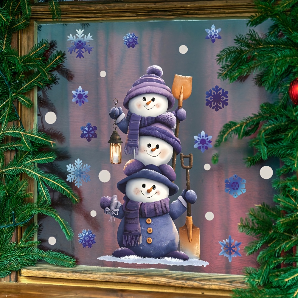TEMU 2d Flat - 2d Flat - Static Cling Decals Featuring A 2d Flat Purple Snowman And Frosted Snowflakes, Perfect For Shop Windows And Glass Doors.