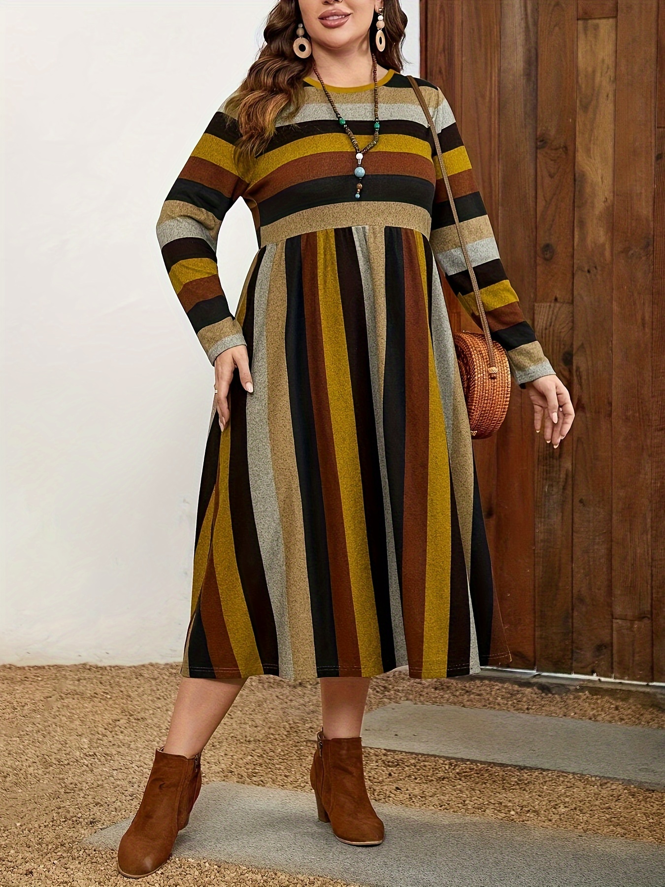 Plus Size Women's Casual Long Sleeve Dress Striped Print Round Neck  Silhouette with Flared Hem, Machine Washable Fall Winter Outfits for Casual 