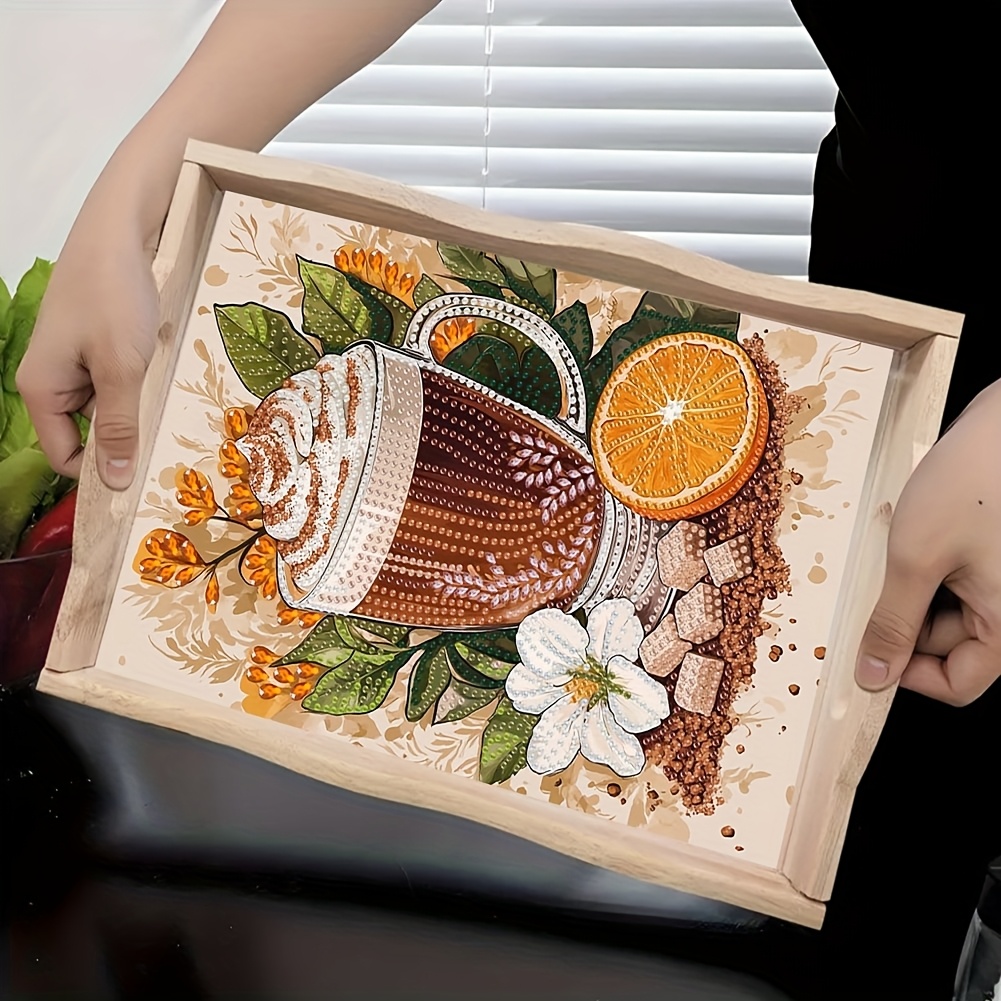 

Diy Diamond Painting Tray Kit, Wooden Handmade Serving Platter, Suitable For Family Gatherings, Breakfast Service, Displays, Party Supplies, And Art Craft Materials.