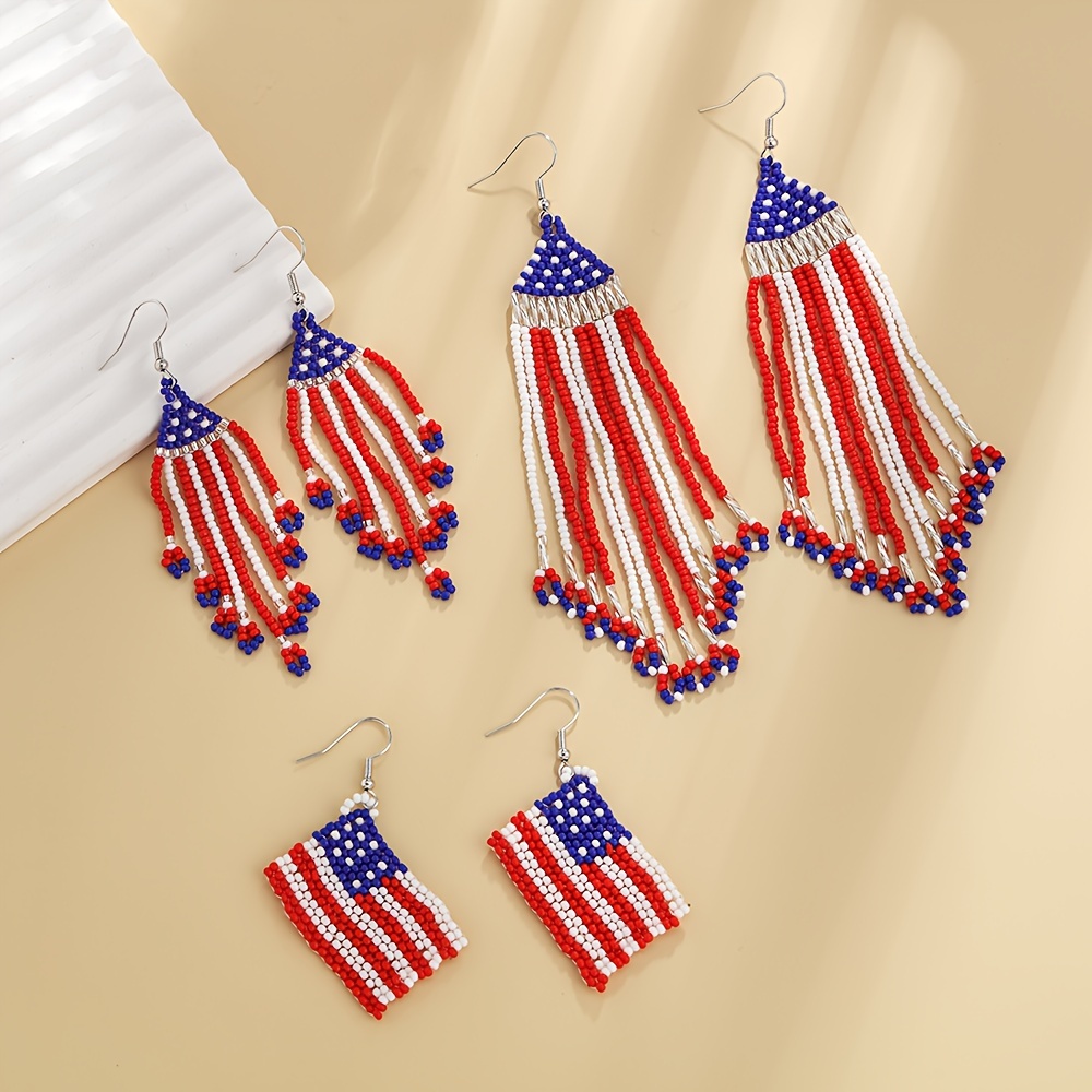 

3 Piece Assembly Bohemian Beaded Tassel Earrings, American Flag Beaded Earrings, Hand-woven Seed Bead Earrings, Ladies Holiday Gifts