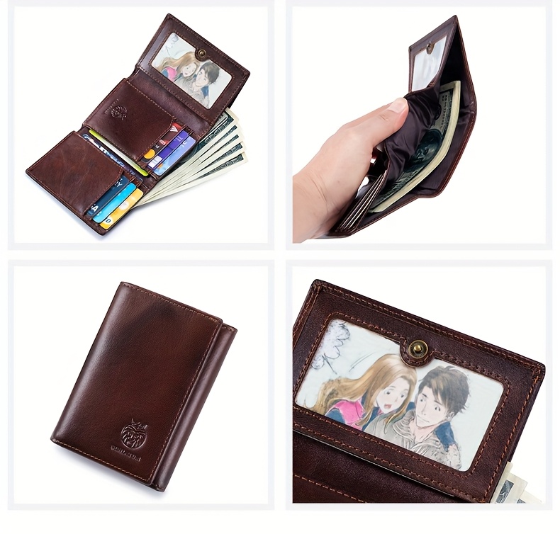 Crazy Horse Genuine Leather Trifold Wallets for Men & Women Real Genuine Leather Slim Front Pocket RFID Blocking Travel with ID Window