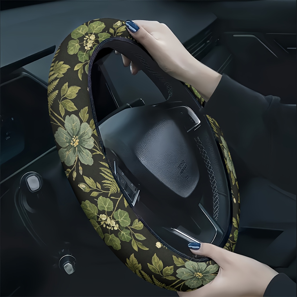 TEMU 1pc Green Leaf Floral Pattern Car Steering Wheel Cover, Soft And Breathable Texture, Hand Fatigue, Use, Fashionable Car Accessory, Gift
