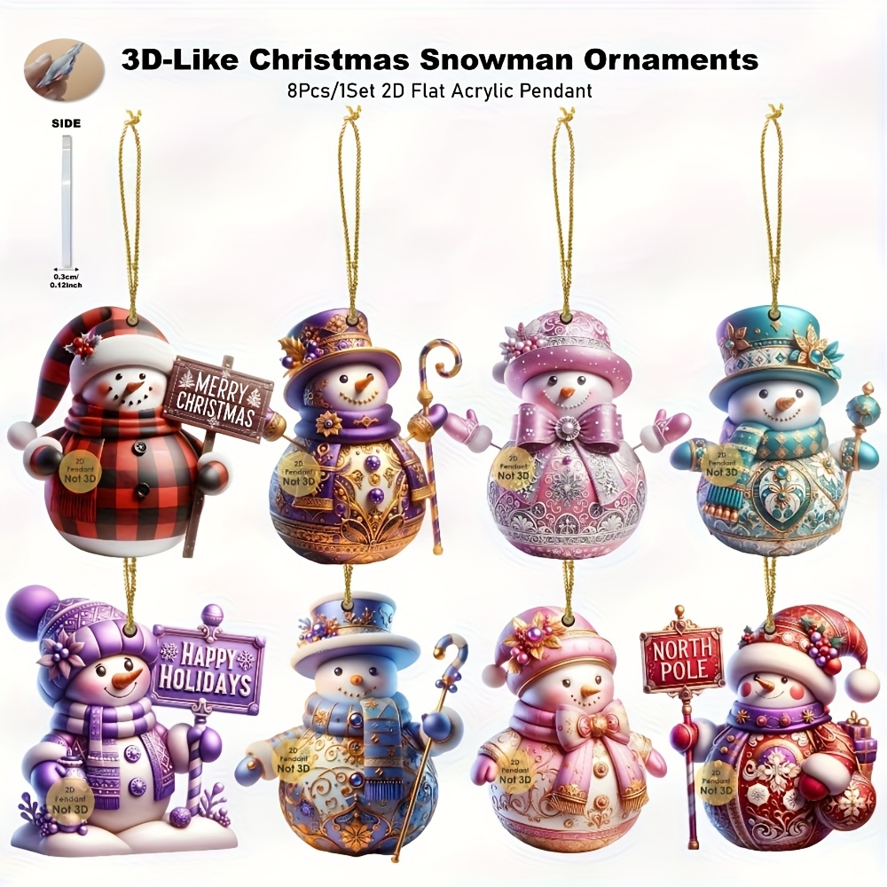 Image of 2d Flat - Set Of 8 Christmas Snowman Decorations, Flat Acrylic Pendants, Perfect For Gifts During The , Suitable For Home, Windows, Offices, Classrooms, Car Mirrors, Yards, And Party Decor