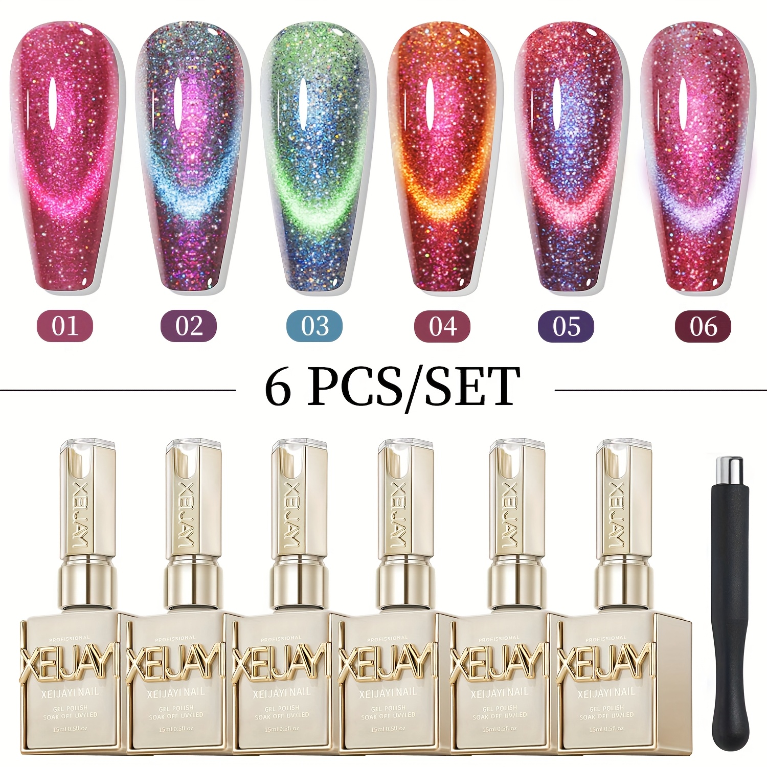 Cat Eye Nail Polish Set Contains Magnets 6 Colors 15ml Reflective Magnetic Nail Gel Soaking Led Gel Salon Female Nail Art Tools Fashion Holographic Nail Art